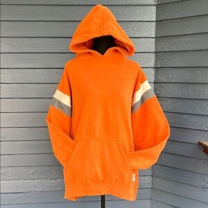 Vintage Russell Athletic Orange Hooded Sweater with Gray Stripes
